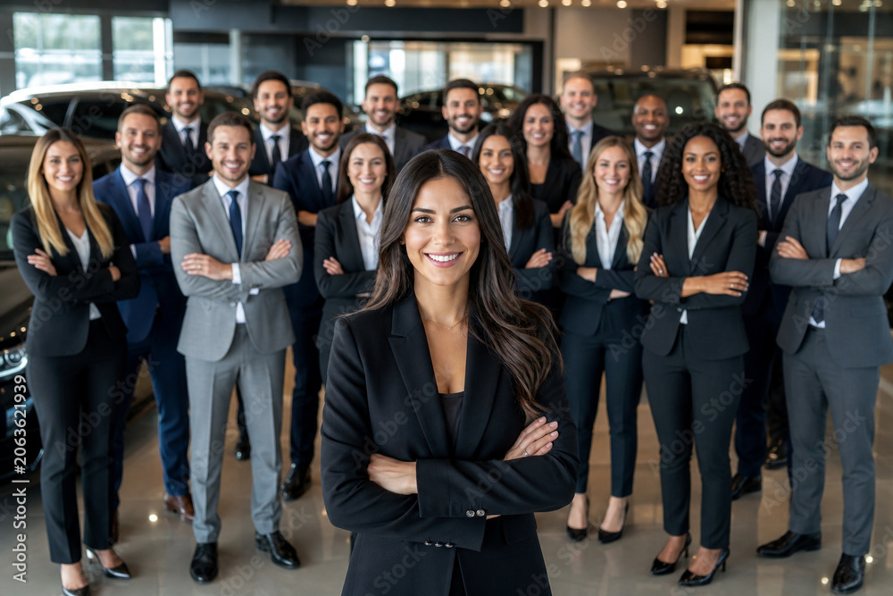 Fototapeta premium Diverse automotive professionals standing in modern car service center, led by confident female automotive engineer, with mechanics and technicians in busy workshop environment.