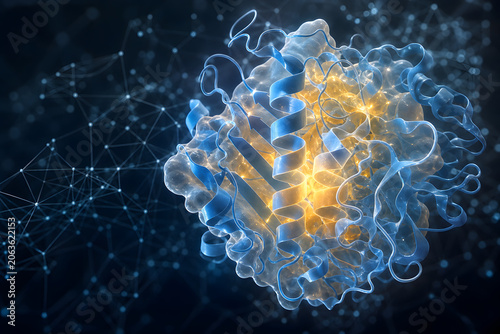 Glowing Protein Structure with Neural Network Background