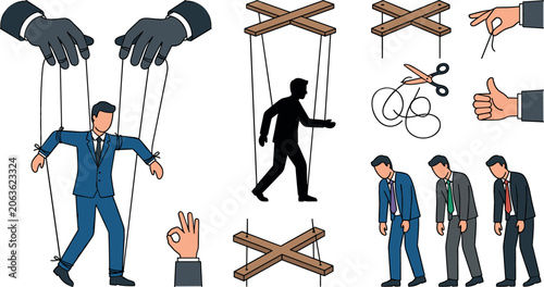 Bilde på lerret Puppet businessman controlled by gloved hands strings wooden cross bar scissors