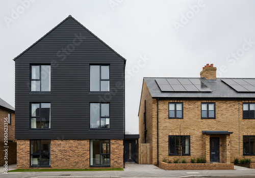 Modern suburban homes with solar panels on roof tops