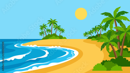 Tableau sur toile A serene tropical beach landscape with palm trees.