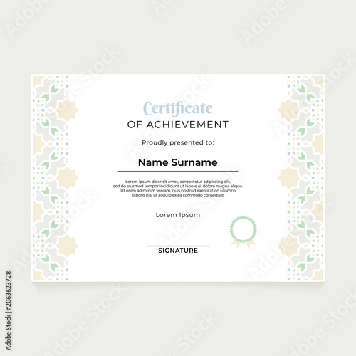 Elegant certificate of achievement template with pastel islamic geometric borders