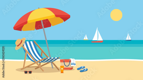 Canvas Print Beach scene with sun, umbrella, and chair.