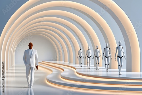 Minimal luxury scene with man in white suit walking past humanoid robots under arched runway