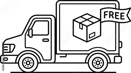 Outline icon of a delivery truck carrying a package with a FREE banner symbolizing fast and free shipping for e-commerce logistics and online shopping