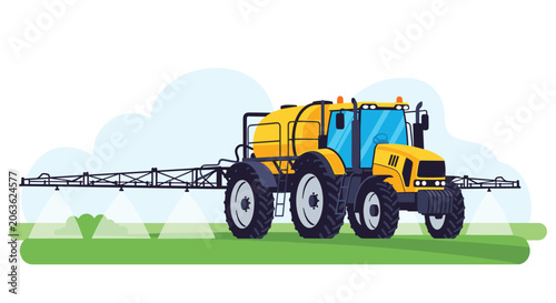 Large yellow self-propelled crop sprayer working in a green agricultural field under a clear blue sky for farming.