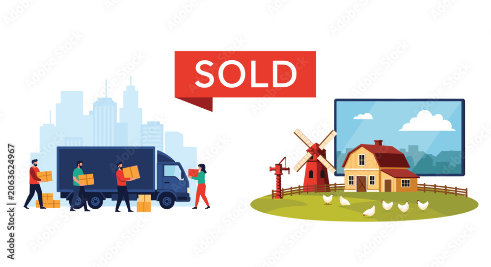 Naklejka premium Comparative illustration of urban living versus rural life showing a moving truck in a city and a farm with a sold sign.