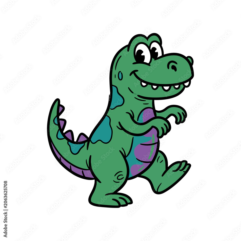 Obraz premium A cute green cartoon dinosaur stands on a white background