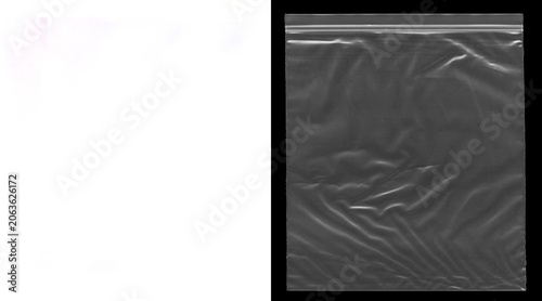 Transparent plastic texture on black background, wrinkled polyethylene bag overlay, clear zip lock bag with realistic creases and highlights