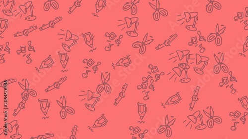Red background with repeating desk lamps, scissors, pencils, musical notes, and everyday objects. Suitable for office, school, or musicthemed designs.