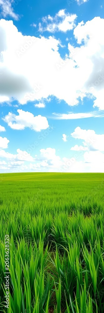 Obraz premium Lush green meadow stretches to the horizon, meeting a brilliant blue sky with white clouds, nature, picturesque