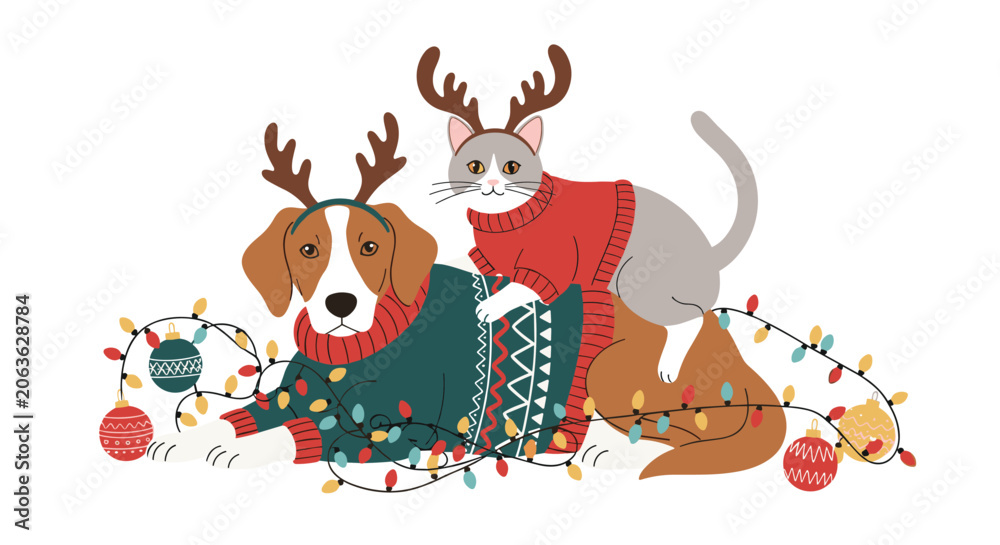 Naklejka premium Cute dog and cat dressed in festive sweaters and reindeer antlers pose together surrounded by a string of colorful Christmas lights.