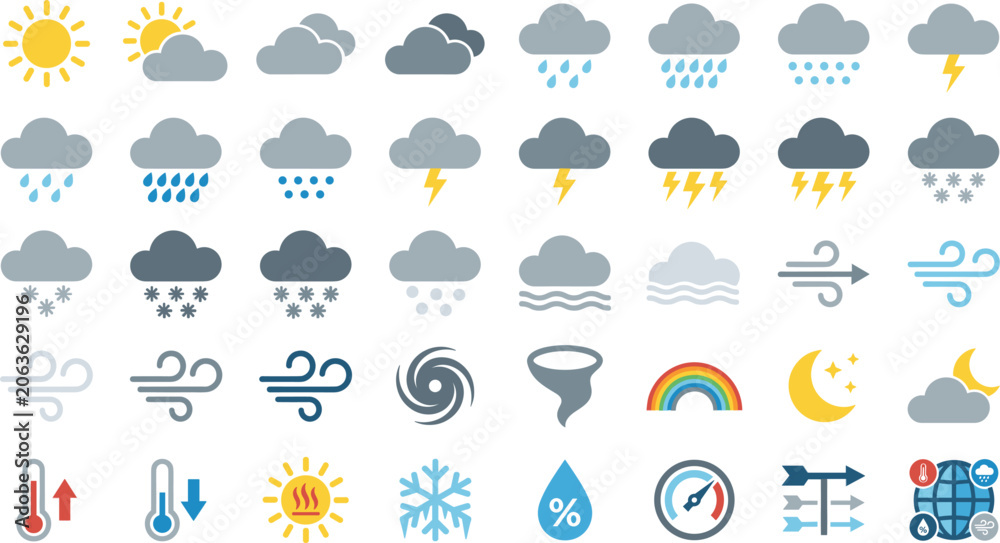 Fototapeta premium Weather forecast flat line vector icon set, climate symbols with rainbow clouds and tornadoWeather forecast flat line vector icon set, climate symbols with rainbow clouds and tornado