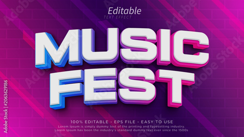 Music festival 3d editable text effect. Text template for music party poster or banner