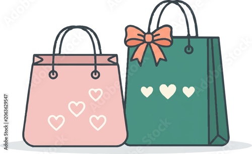 Two shopping bags with heart designs and a bow on one