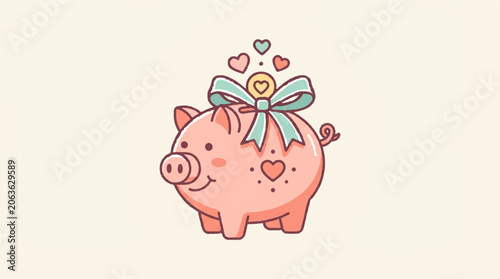 Cute pink piggy bank with ribbon bow and hearts for charity donation