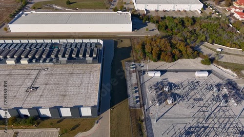 Aerial view of a data center and electrical power substation