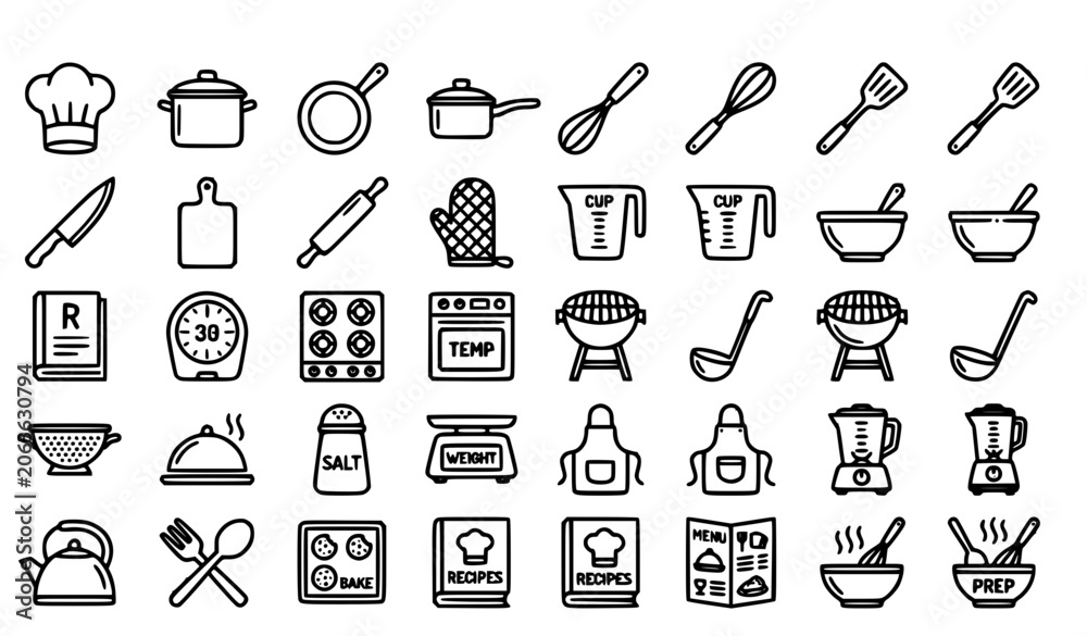 Naklejka premium cooking, kitchen, culinary, chef, recipe, cookware, utensils, pot, pan, whisk, spatula, knife, cuttingboard, rollingpin, oven, stove, baking, restaurant, menu, foodservice, kitchenware, outline, edita