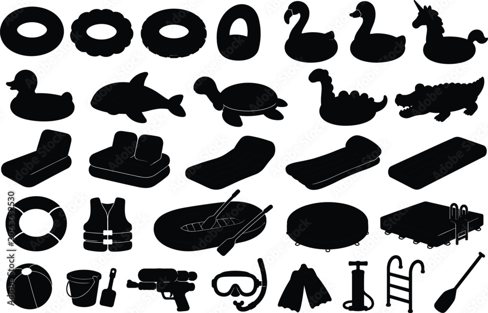 Fototapeta premium Inflatable Pool Float and Water Recreation Silhouette Collection with Swimming Accessories Summer Vacation Vector Set