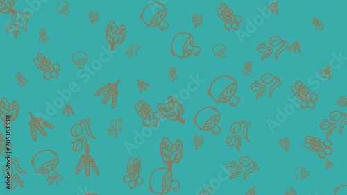 Teal background with brown line art drawings of mushrooms, foliage, and leaves. Perfect for naturethemed designs or botanical prints.