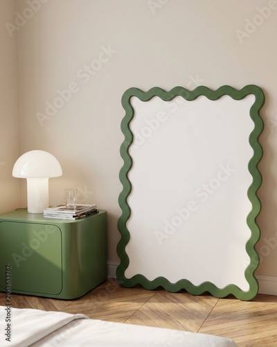 Blank wavy green frame mockup leaning on chevron floor in modern bedroom