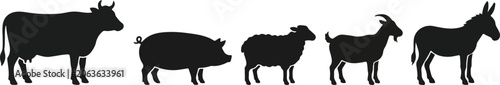 Set of farm animals silhouette icons featuring cow pig sheep goat and donkey for agricultural design projects
