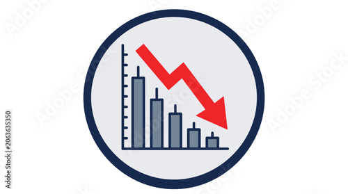 Vector icon depicting a bar chart with a red downward arrow symbolizing financial loss economic downturn or negative business trend