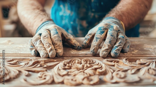 Hands covered in clay sculpt intricate floral patterns on a wooden surface in a pottery or woodworking studio.