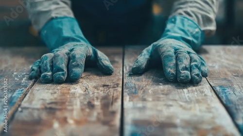 Hands wearing blue gloves rest on a weathered wooden surface, suggesting work or craftsmanship.