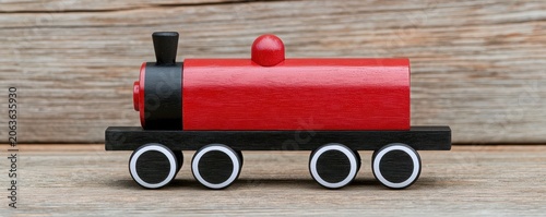 A small red and black wooden toy train engine on a wooden surface with a rustic wooden background.