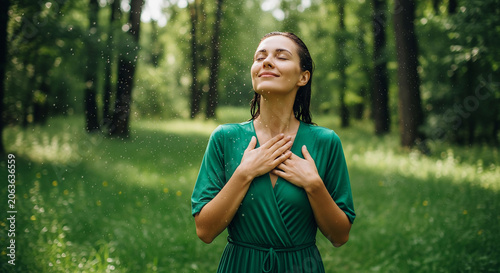 Calm female finding inner peace in bright grassy woodland perfect for mental health awareness and vital energy