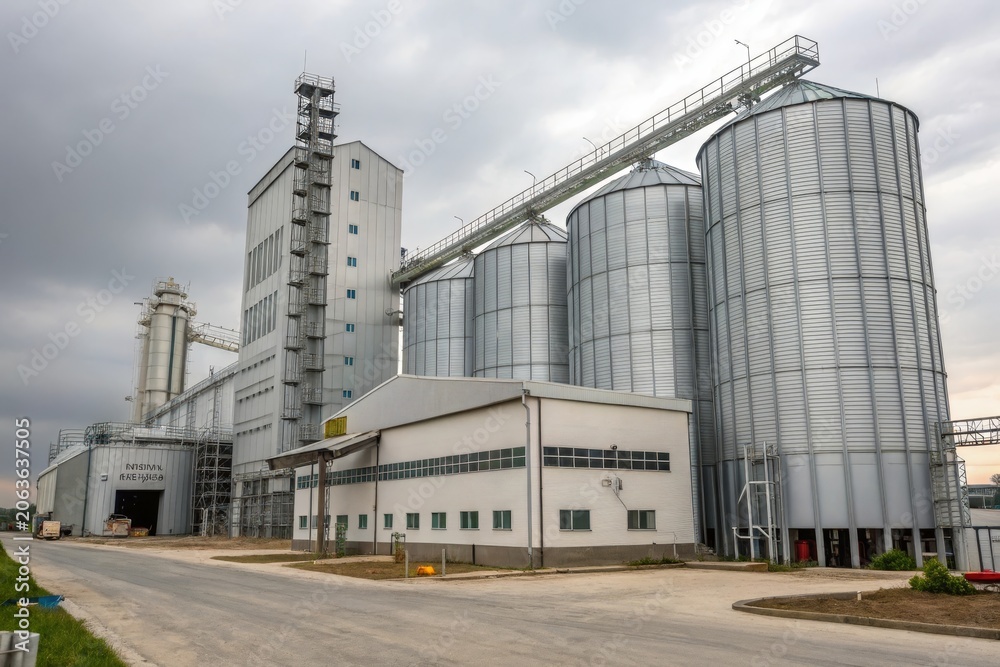 Obraz premium Large industrial silos stand beside a white warehouse