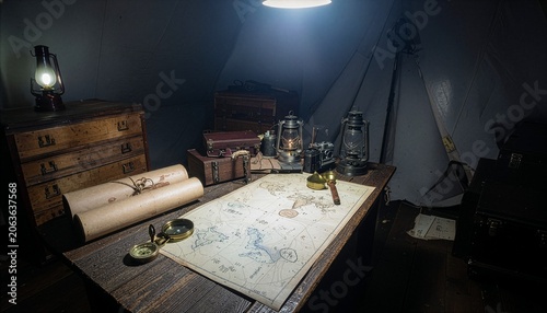 atmospheric view of vintage explorers expedition desk with ancient world map and traditional lanterns inside a canvas tent