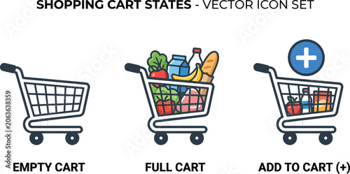 Modern shopping cart states vector icon set depicting empty full and add to cart options perfect for e-commerce websites and mobile applications