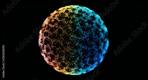 Glowing digital sphere constructed from interconnected dots and lines featuring a vibrant gradient transition from warm orange to cool blue