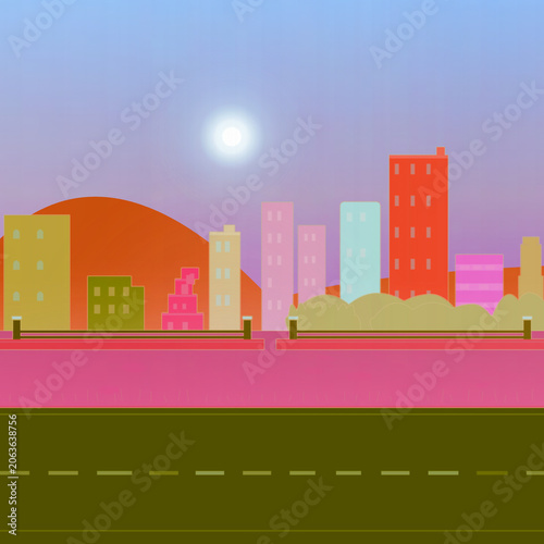 Urban streetscape backdrop with, arched halls, and left drift fog