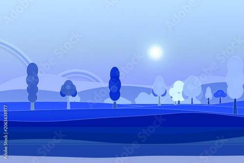 Tree-lined field backdrop with, and horizon haze