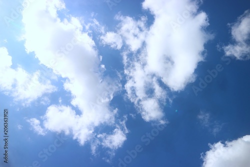 A bright, clear blue sky filled with fluffy white cumulus clouds on a sunny day, perfect for outdoor activities and a sense of freedom