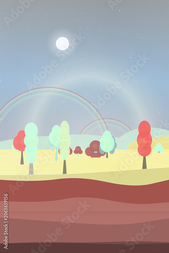 Rainbow muted earth palette view of forest clearing with foreground