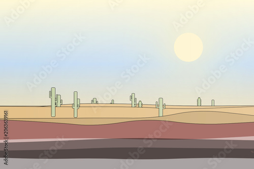 Schilderij op canvas Summer boho beach palette wide desert dune scene framed by cactus tree silhouett