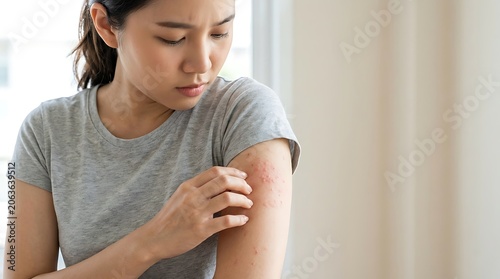 Young Asian woman scratching her arm due to a red, itchy rash or allergic reaction, indicating a skin problem, eczema, or dermatitis