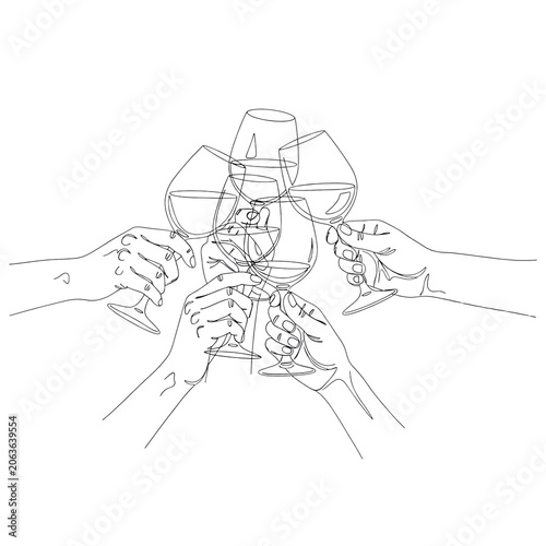 complex minimalist one line drawing of five hands clinking elegant wine glasses on a transparent background, schematic illustration style. concept of sophisticated camaraderie