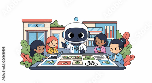 Robot teaching children about technology and innovation.