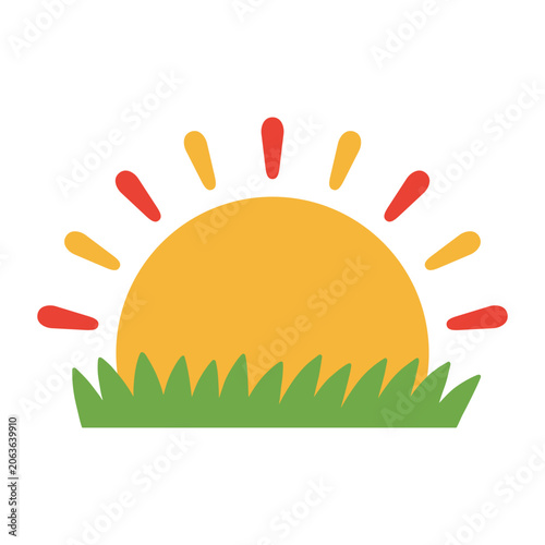 Friendly Sun Icon Above Green Grass in Bright Colors Representing Children's Education Nature and Eco Projects