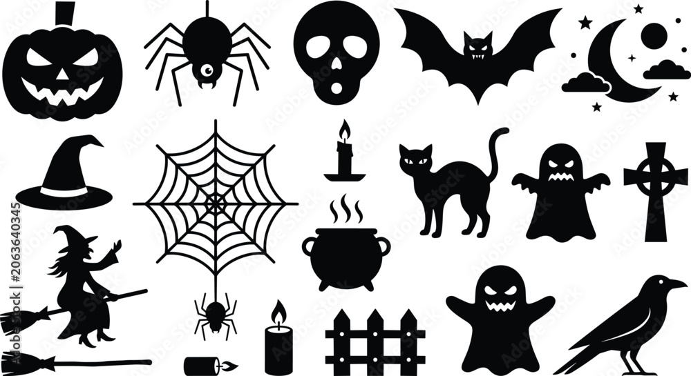 Fototapeta premium Halloween Silhouette Icons Set with Witch Ghost Pumpkin and Spooky Symbols