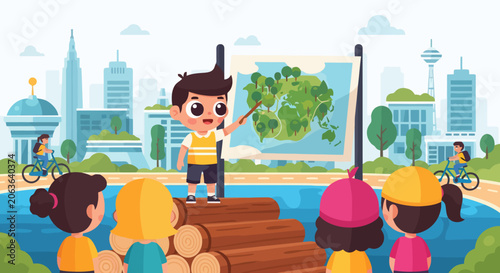 Young boy teaching children about nature and environment outdoors.