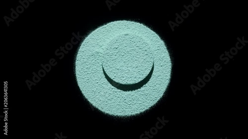 Top view frame of cyan fine powder sifted in a large round shape with a smaller round pedestal at the center generating deep shadows from moving light over a pitch-black surface