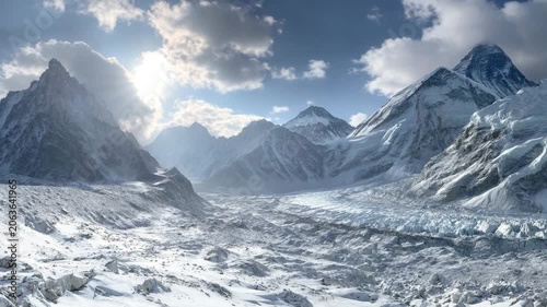 Majestic snowy mountain range under a bright sky