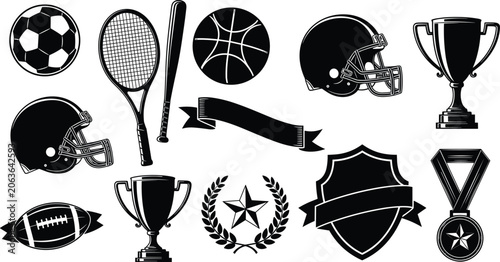 Quadro su tela Multi Sport Championship Vector Set with Soccer Football Tennis Baseball Trophy