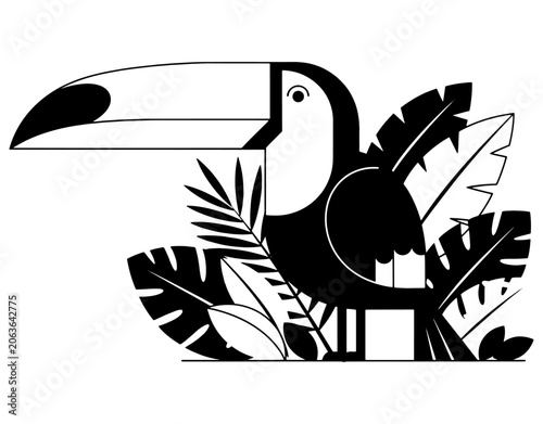 Minimalist toucan bird vector illustration with abstract tropical leaves background, black and white flat geometric design isolated on white background.